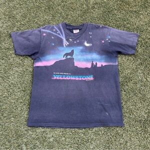 Men's Graphic Tee with Wolf and Yellowstone Night Sky